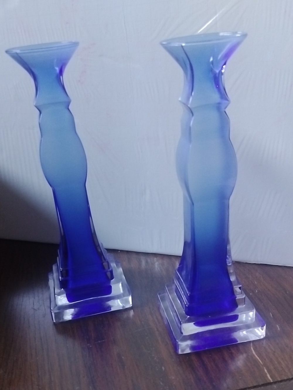 Sommerso Cobalt Blue Glass Candle Holder, Pair